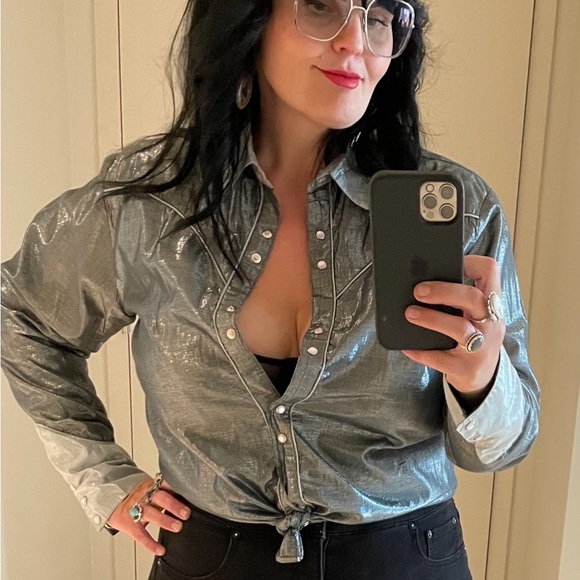 Panhandle Slim Tops - L/XL 45” Bust Vintage Panhandle Snap Shirt Metallic Chrome Silver Cotton